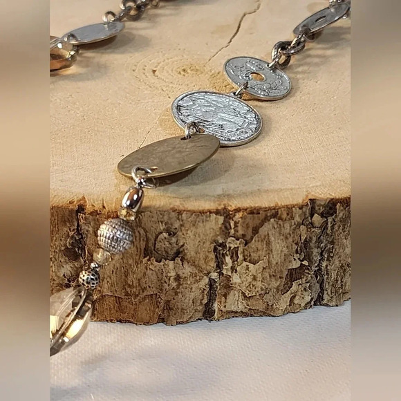 Chico's necklace with silver and gold-tone coin pendants & smoky quartz crystals - Picture 3 of 8